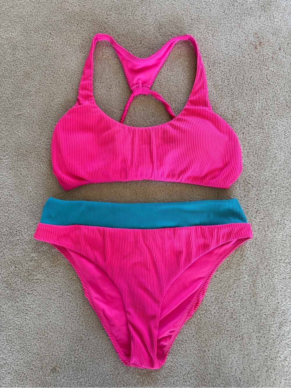 la Vie En Rose Hot Pink Ribbed Bikini Set with Teal Waistband